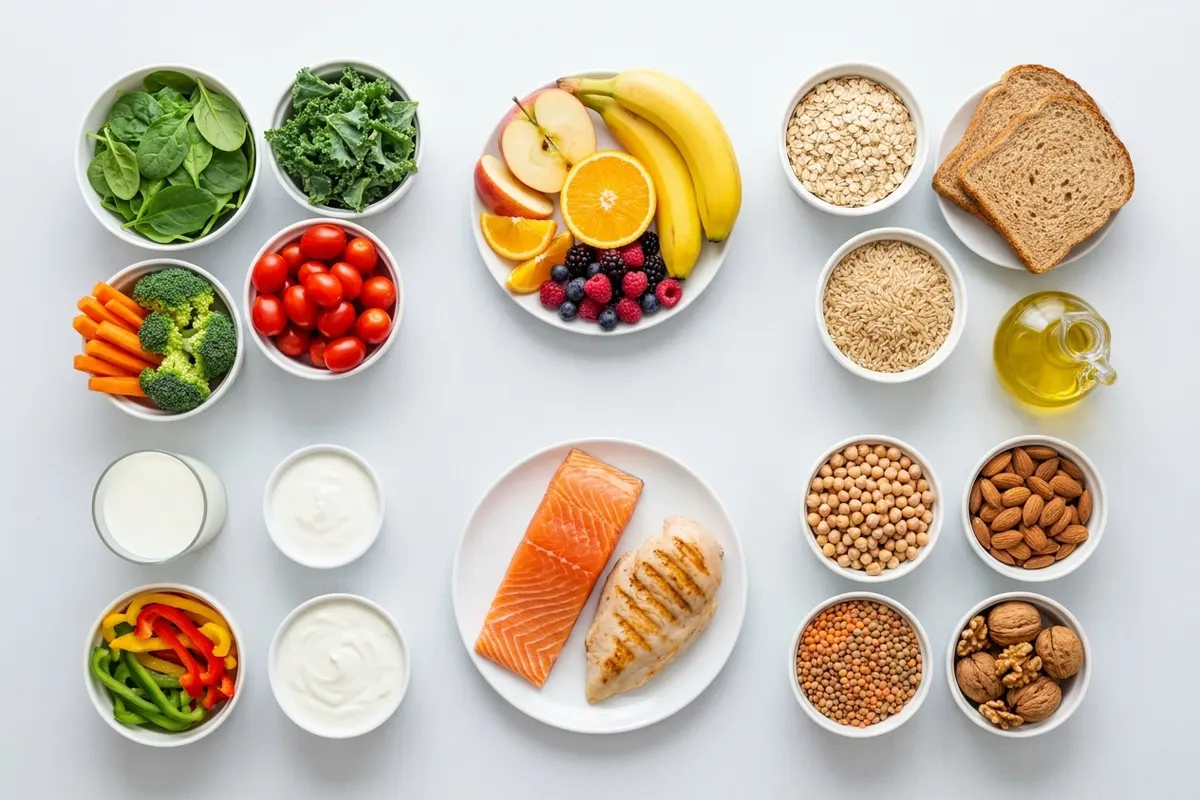 DASH diet foods: vegetables, fruit, whole grains, low-fat dairy, fish, chicken, beans and nuts
