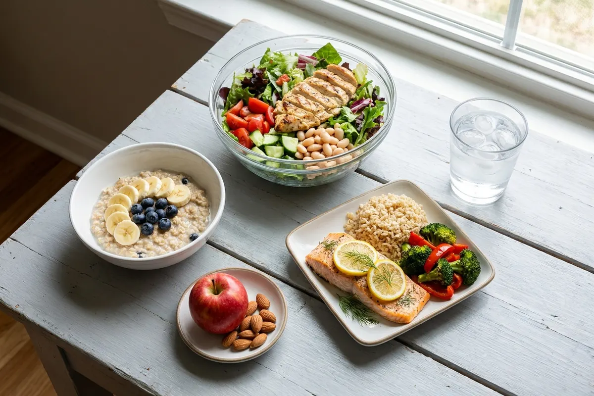A sample day of DASH meals: oatmeal with banana and blueberries, a chicken and bean salad, salmon with brown rice and vegetables, an apple with almonds